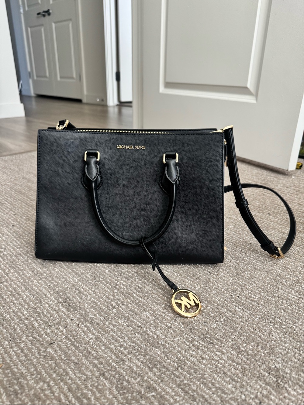 Michael Kors Black Saffiano Leather Satchel with Gold Hardware